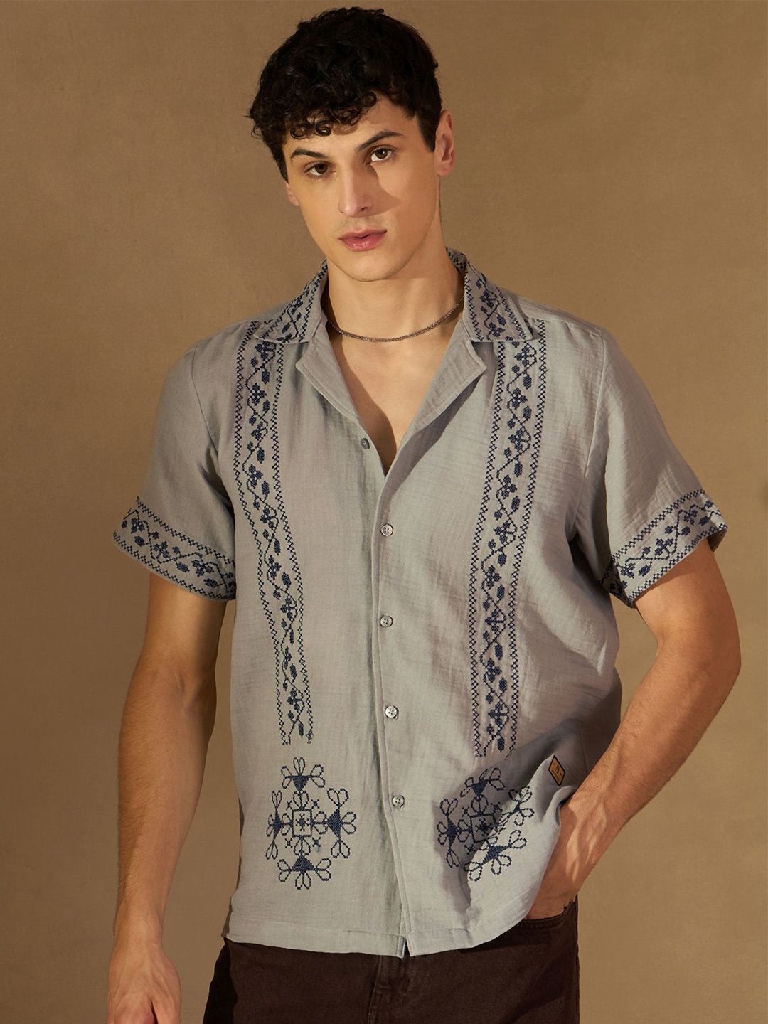 DENNISON Men Embroidered Oversized Cuban collar Short Slevees Traditional Casual Shirt