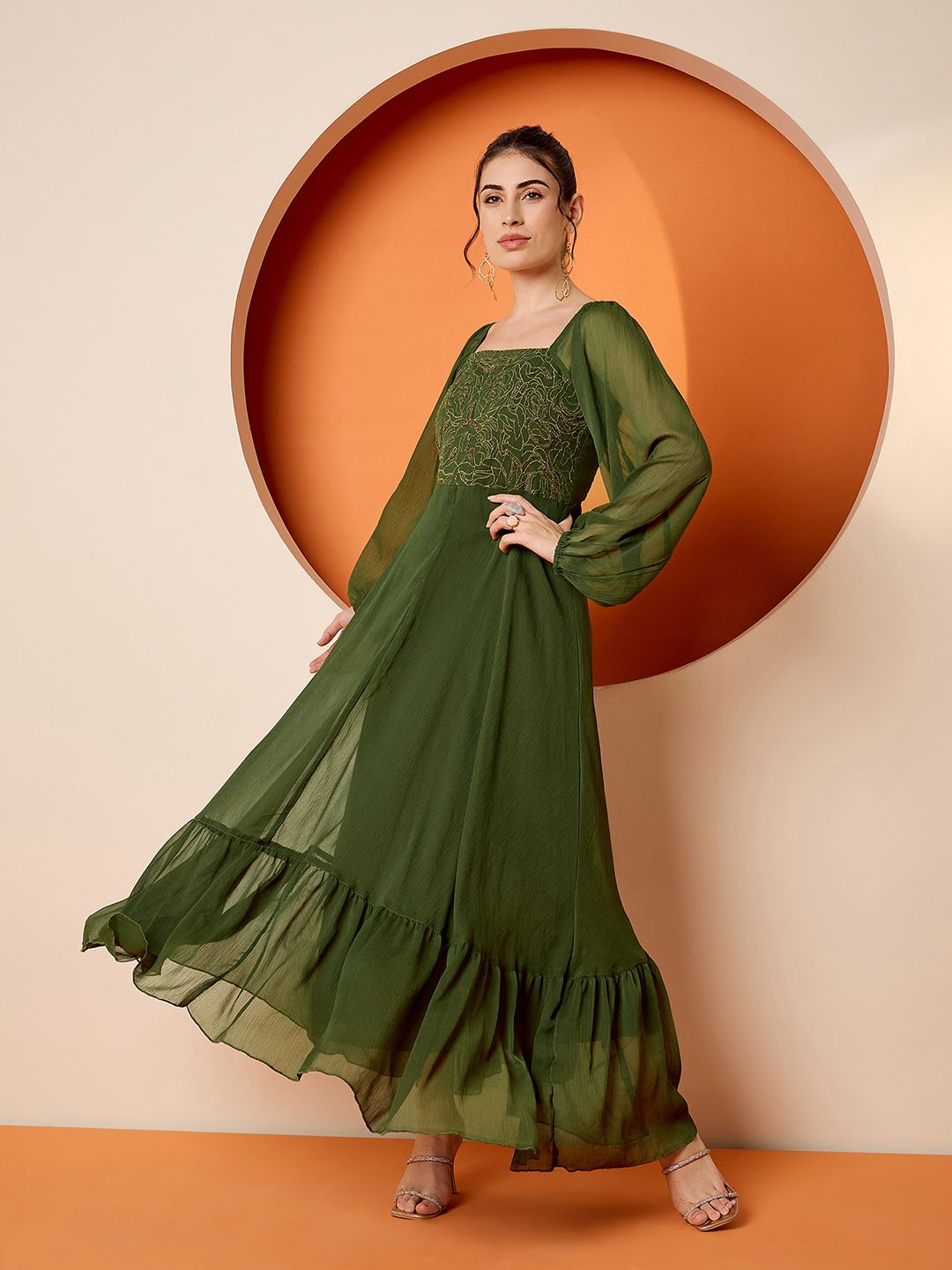Antheaa women Square Neck Embellished maxi dress