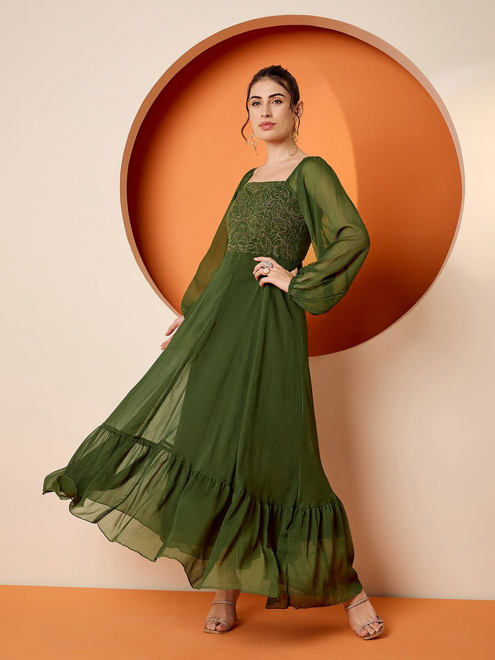 Antheaa women Square Neck Embellished maxi dress