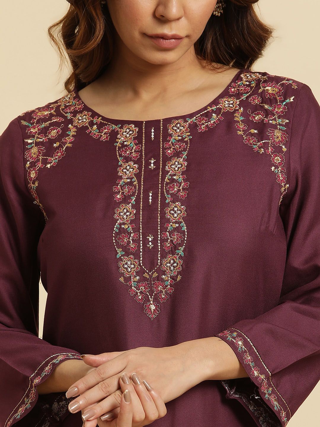 W Women Floral Yoke Design Thread Work Straight Kurta