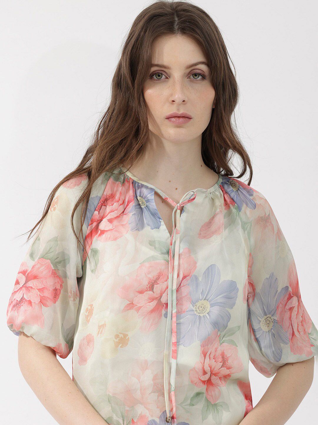 RAREISM Floral Print Tie-Up Neck Top