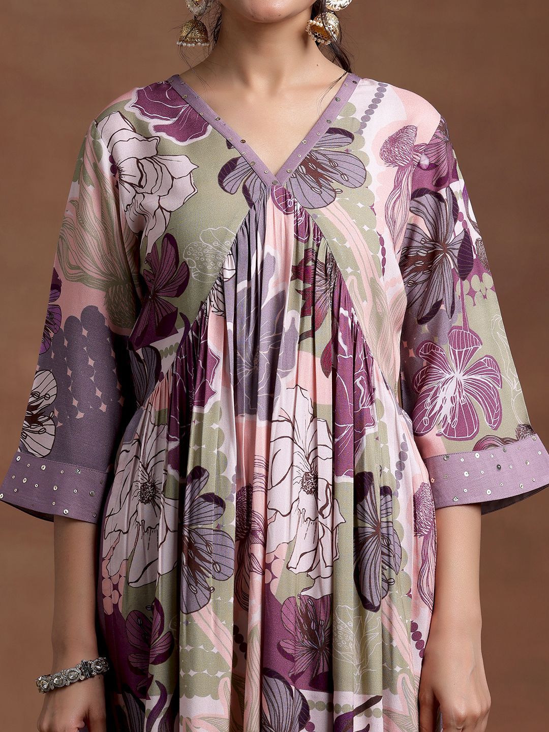 Libas V Neck Flared Sleeves Floral Printed Pleated A Line Kurta with Trouser