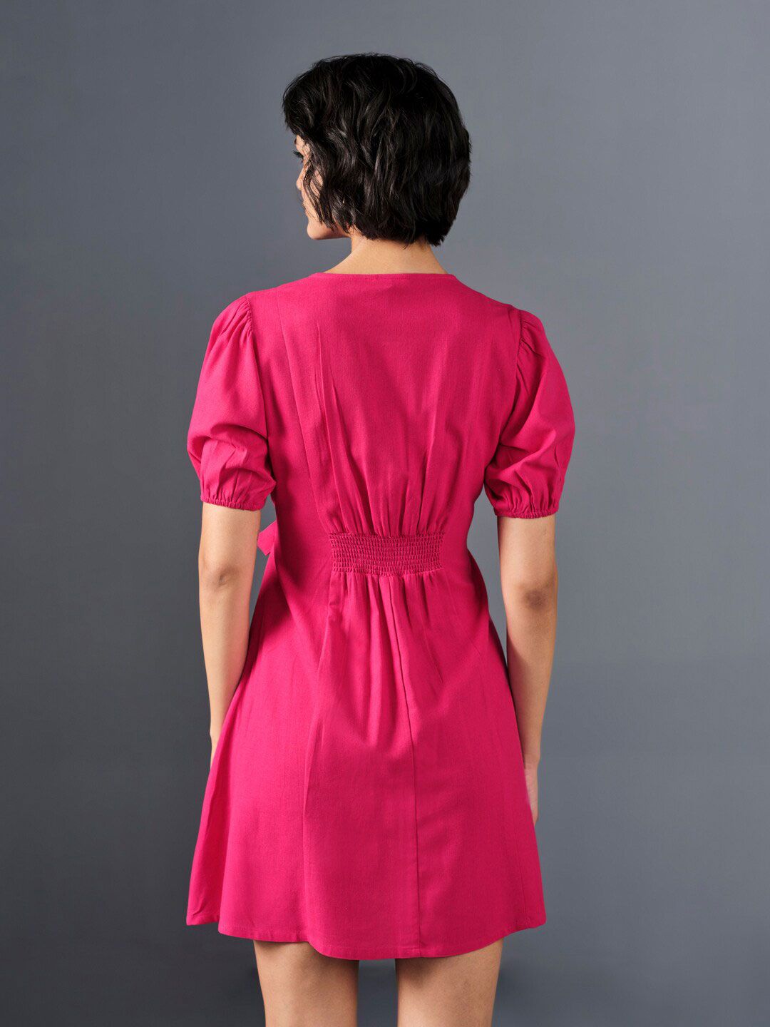 AND V-Neck Puff Sleeve A-Line Dress