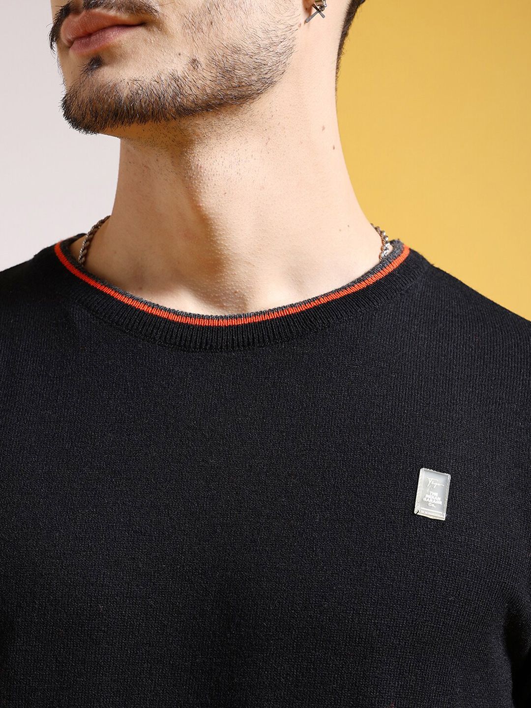 The Indian Garage Co Black Round Neck Long Sleeves Acrylic Pullover Sweater