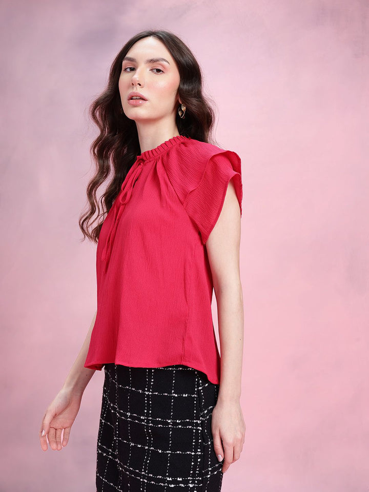 DressBerry Crinkled Effect Tie-Up Neck Flutter Sleeves Top with Ruffled Detail