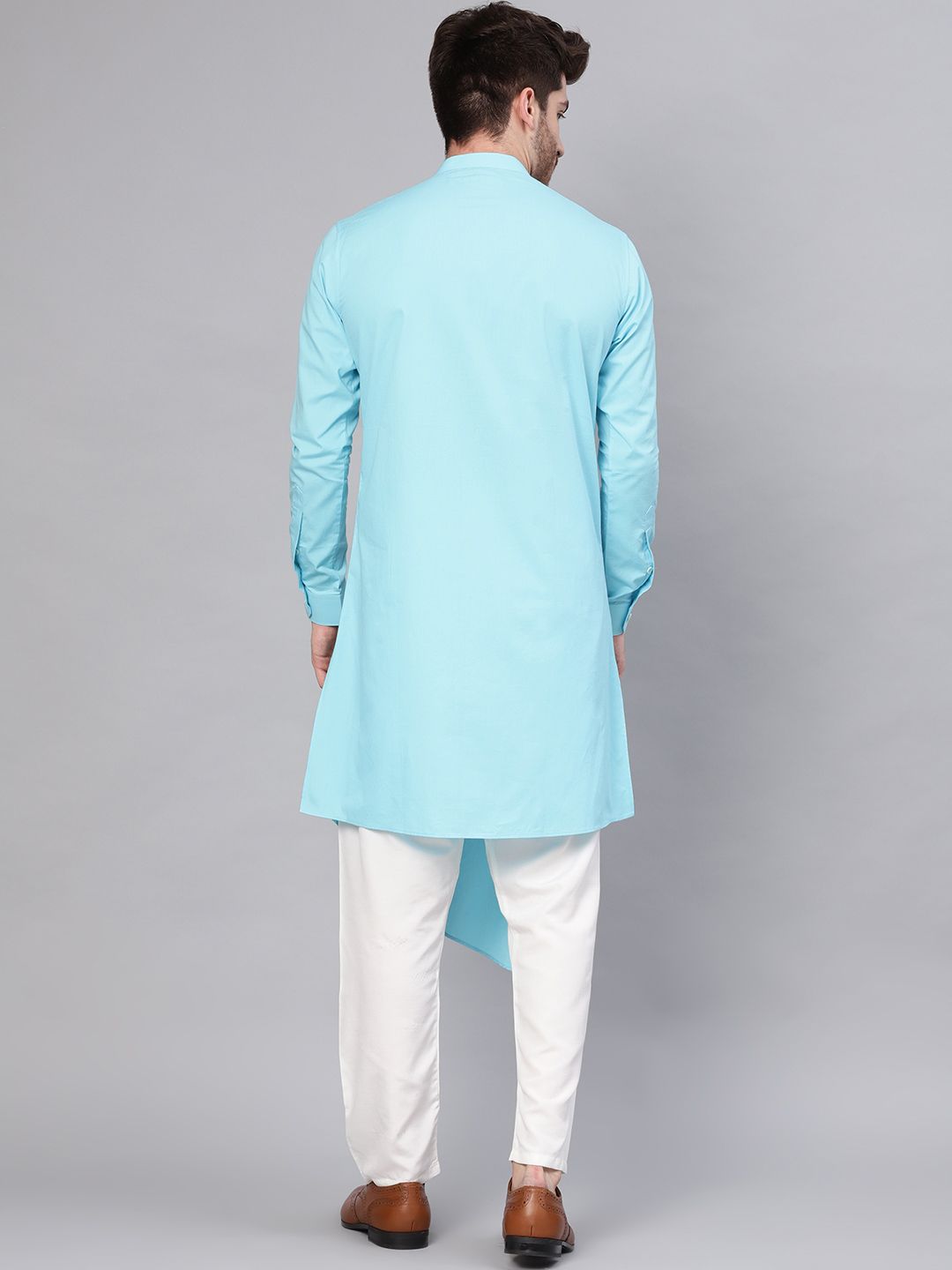 See Designs Men Blue Solid Asymmetrical Hemline Straight Kurta