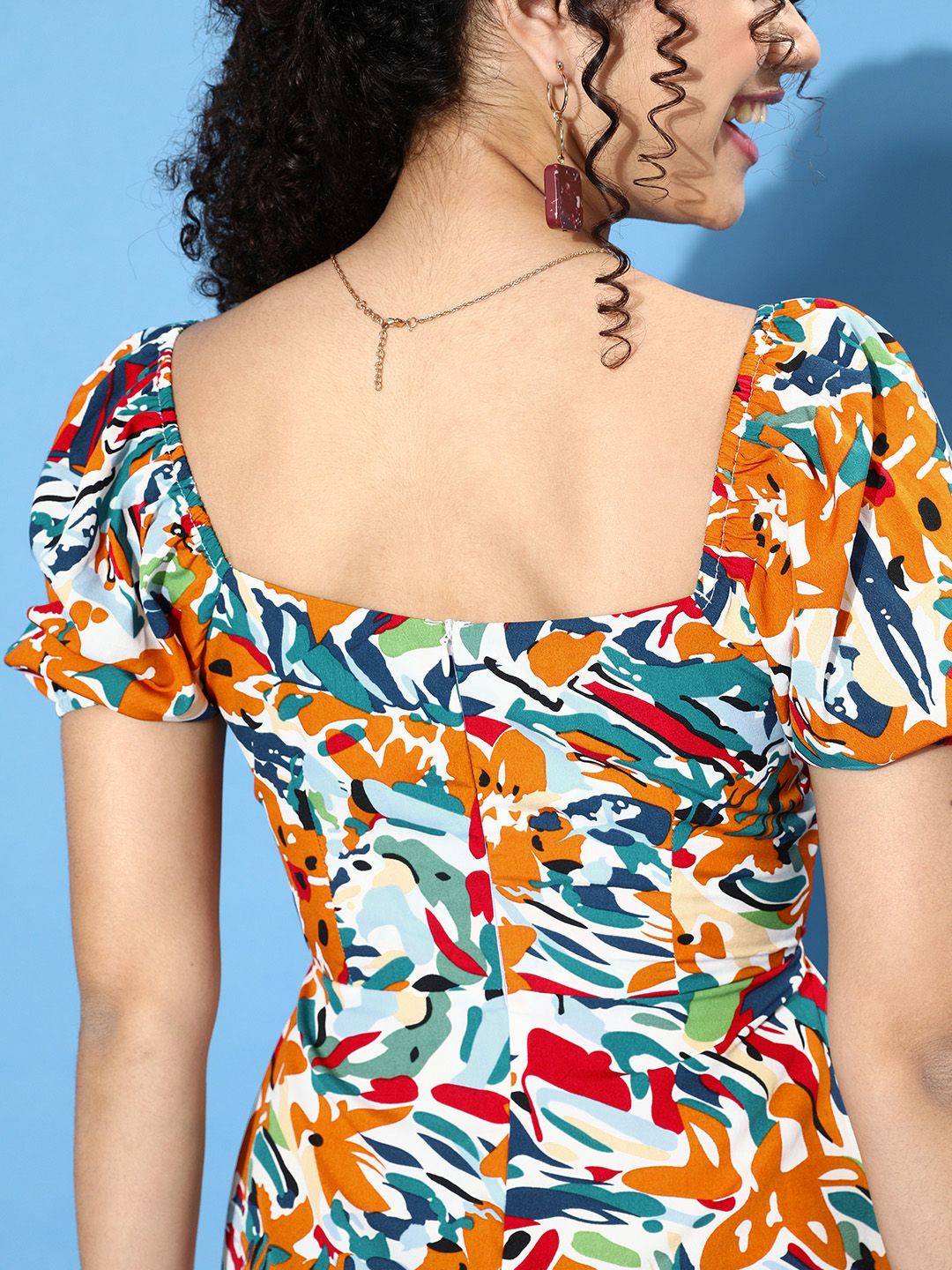 Berrylush White Brushstroke Print Tie Front Peekaboo Ruffle Hem Mini Dress