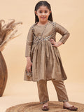 VASTRAMAY Girls Floral Printed Pleated Anarkali Kurta with Trousers & Potli Bag