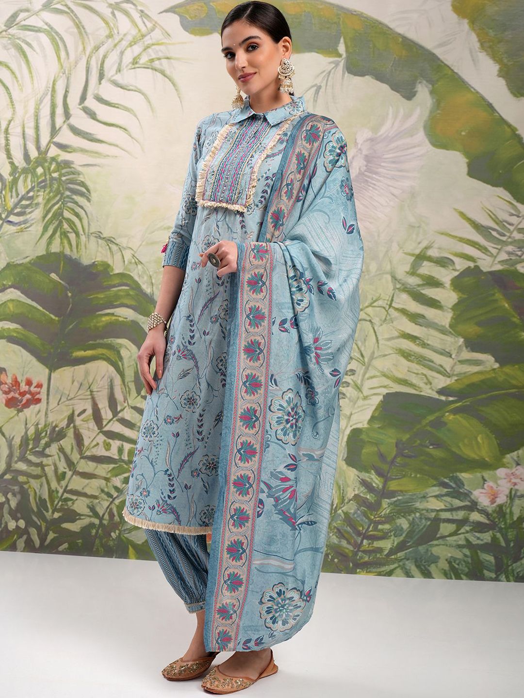 Vishudh Blue Floral Printed Shirt Collar Thread Work Straight Kurta With Salwar & Dupatta