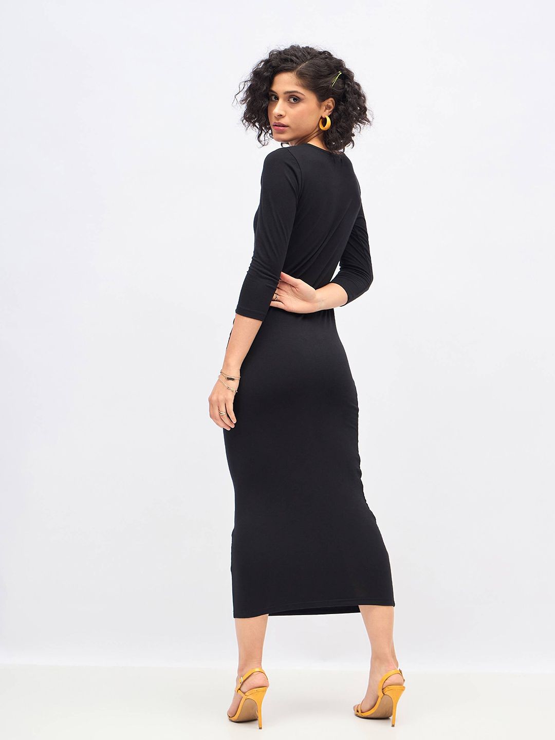 SASSAFRAS Black Waist Ruched Bodycon Midi Dress