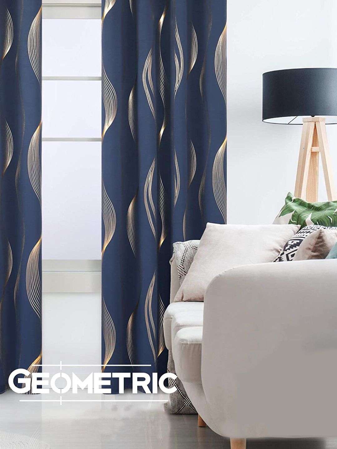 URBAN SPACE Navy Blue & Gold-Toned Printed Black Out Window Curtain