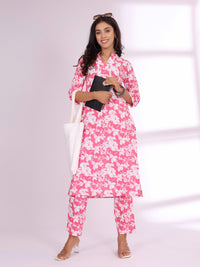 Varanga Pink Floral Printed Mandarin Collar Pure Cotton Kurta with Trousers