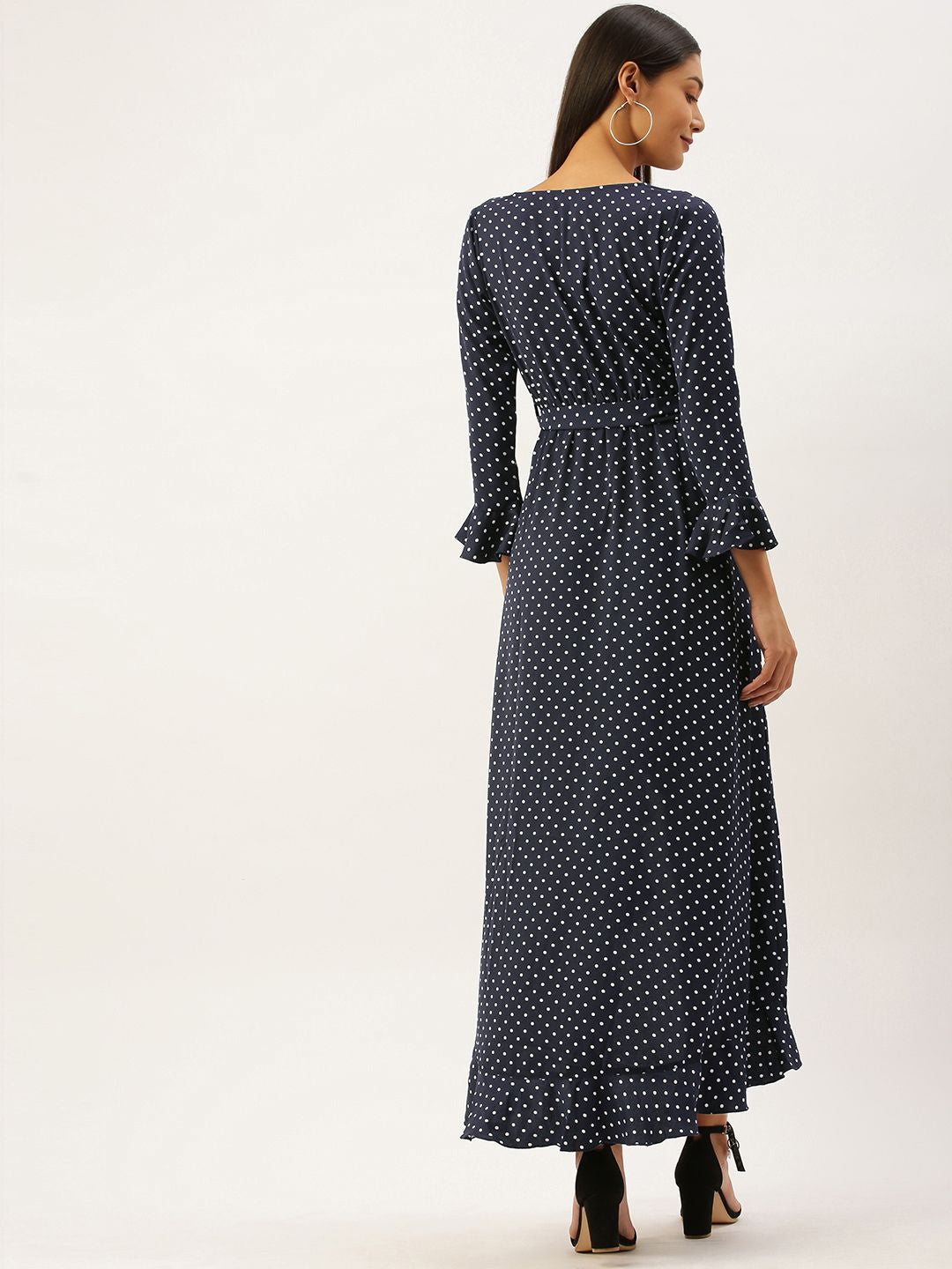 Berrylush Women Navy Blue Printed Wrap High-Low Hem Maxi Dress with Ruffle Detail