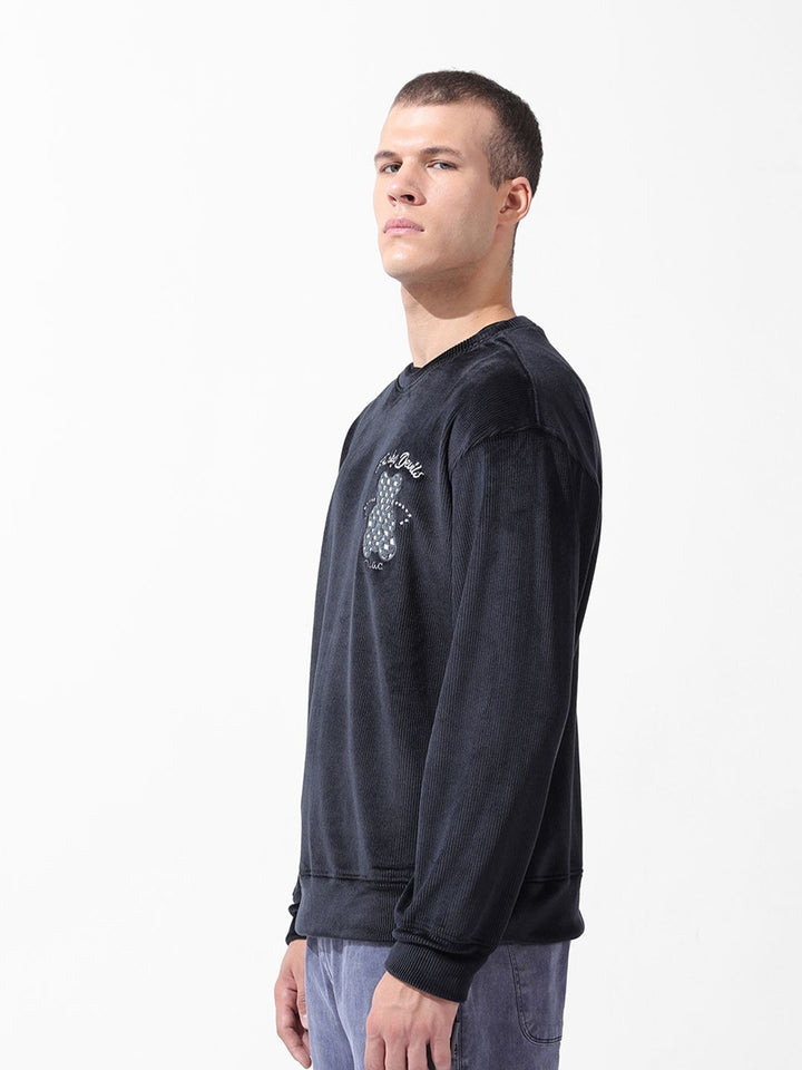 The Indian Garage Co Men Oversized Self Design Corduroy Crew Neck Sweatshirt