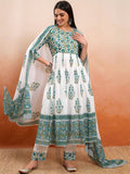 Vishudh White & Blue Floral Printed Regular Pure Cotton Kurta with Trousers & Dupatta