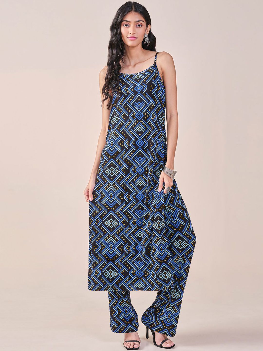Global Desi Printed Shoulder Straps Kurta with Trousers