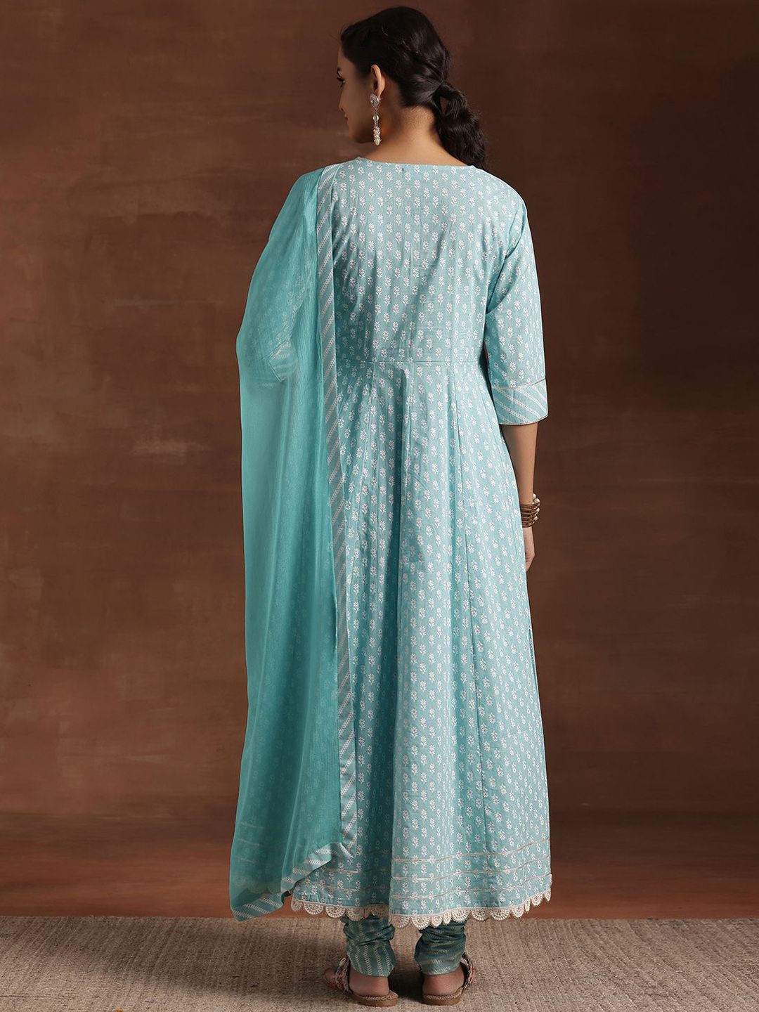 Libas Floral Printed Panelled Thread Work Pure Cotton Kurta with Churidar & Dupatta