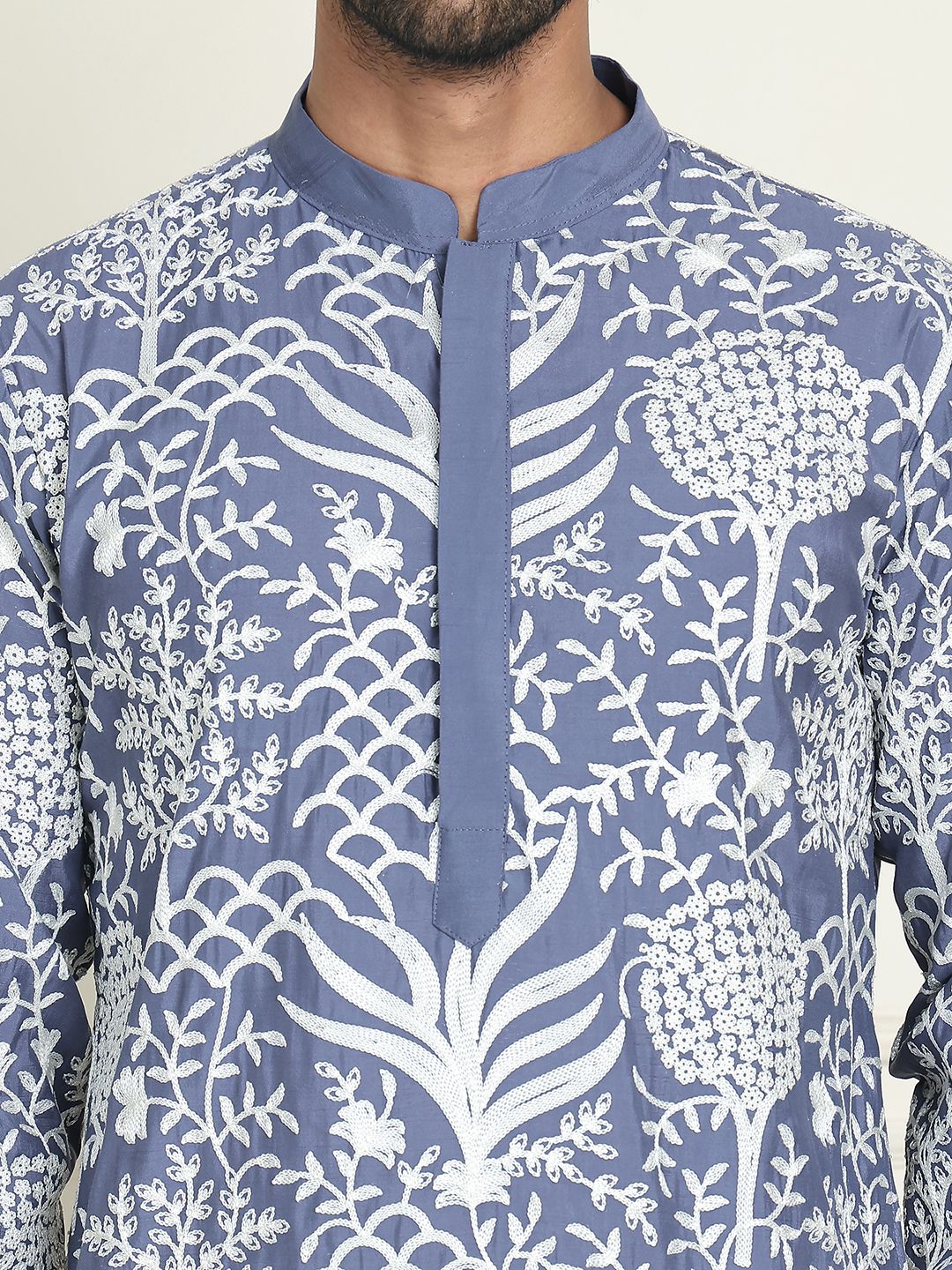 Jompers Floral Embroidered Thread Work Mandarin Collar Straight Kurta With Pyjamas