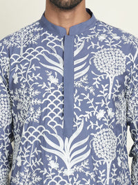 Jompers Floral Embroidered Thread Work Mandarin Collar Straight Kurta With Pyjamas