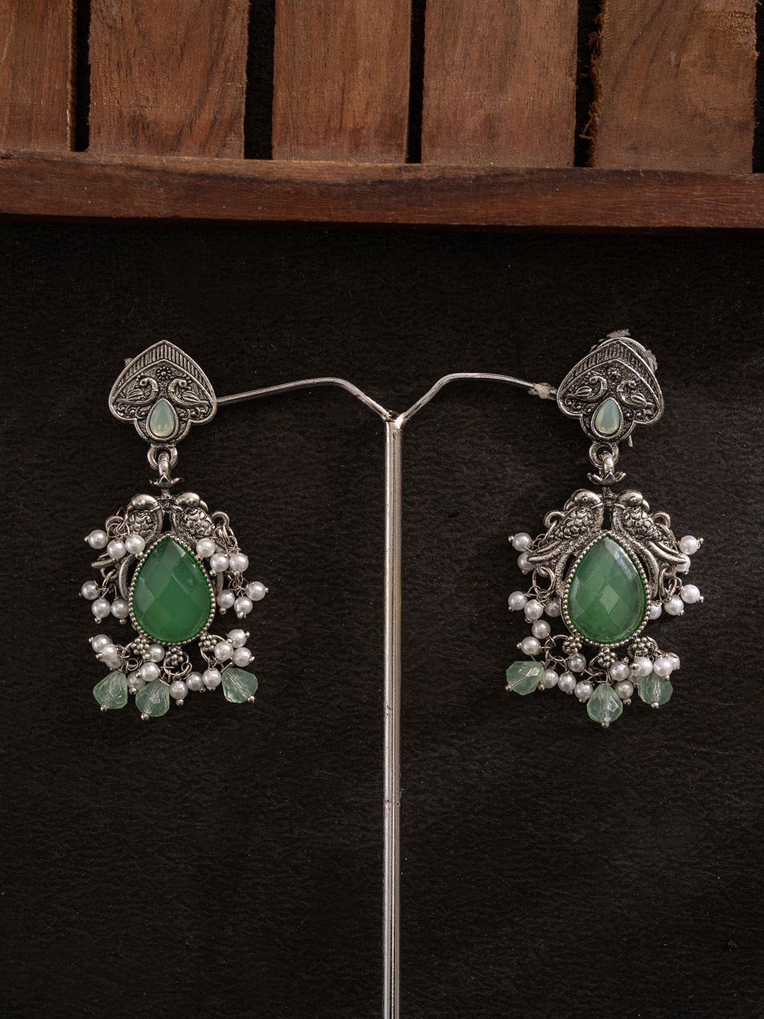 PANASH Silver-Plated Stones Studded And Beaded Contemporary Shaped Oxidized Drop Earrings