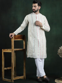 SOJANYA LUXE Embroidered Regular Long Sleeves Mandarin Collar Kurta with Pyjamas