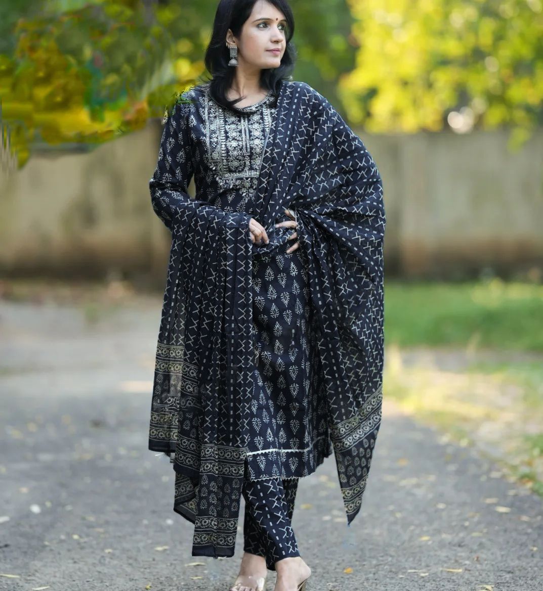 KALINI Women Ethnic Motifs Printed Regular Thread Work Kurta with Trousers & With Dupatta