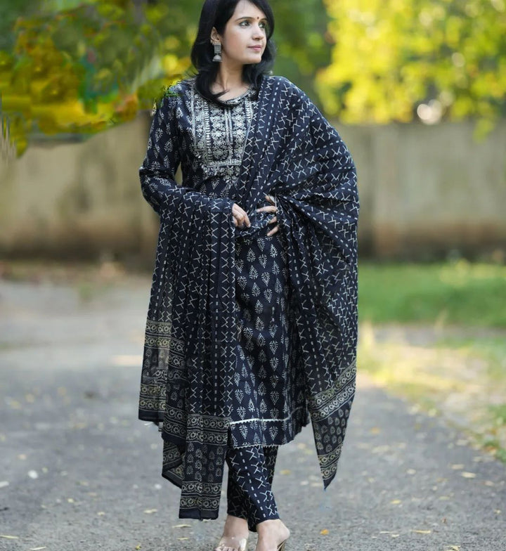 KALINI Women Ethnic Motifs Printed Regular Thread Work Kurta with Trousers & With Dupatta