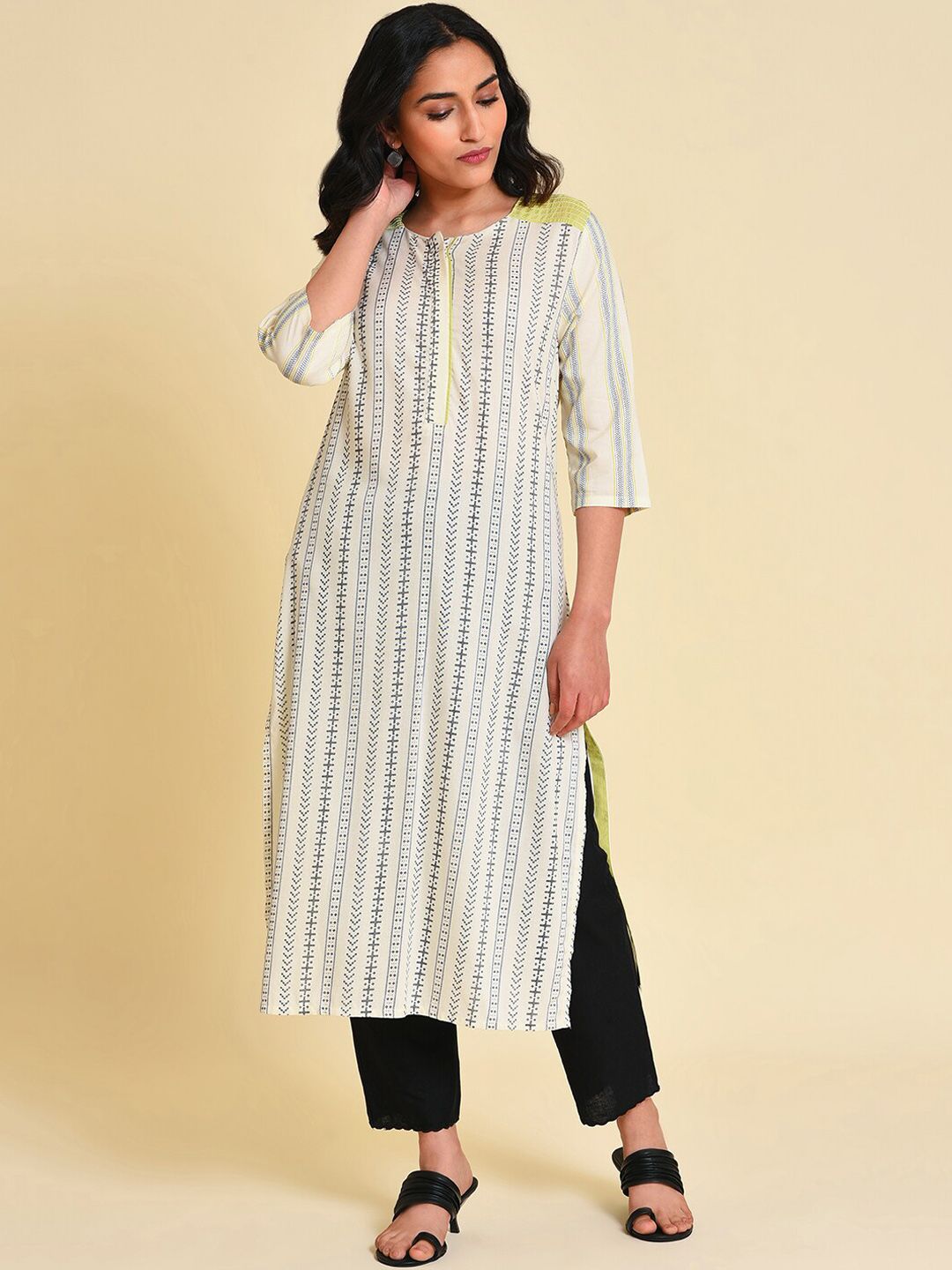 W Striped Thread Work Straight Kurta