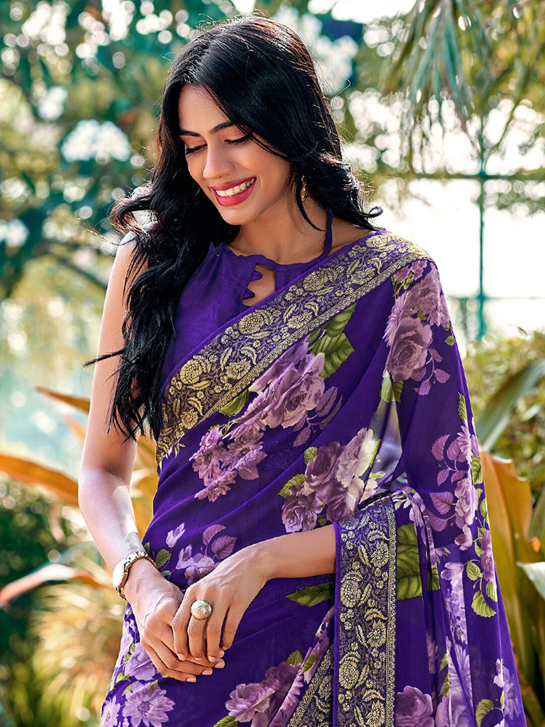 Saree mall Violet Floral Printed Poly Georgette Saree
