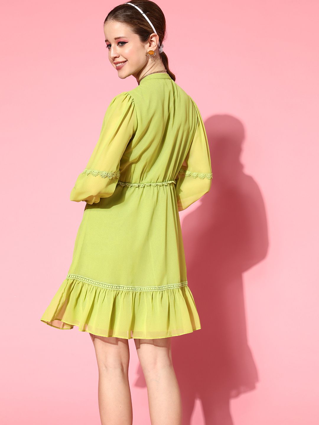 SASSAFRAS Women Attractive Lime Green Solid Feminine Frills Dress