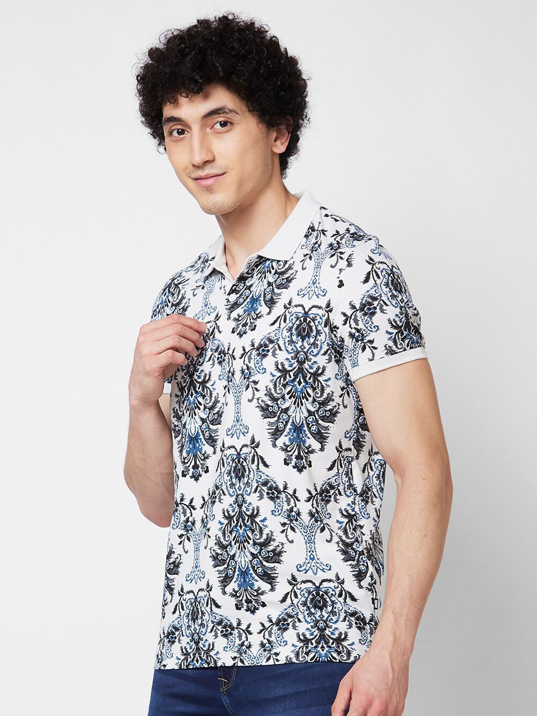 SPYKAR Abstract Printed Polo Collar Pure Cotton Slim Fit T-shirt