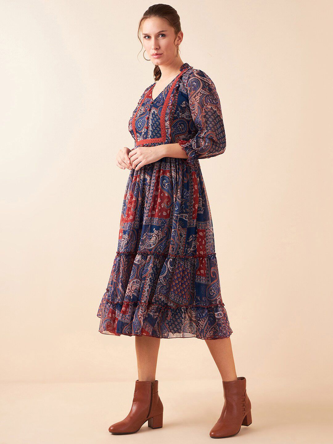 Antheaa Blue Floral Printed Puff Sleeves Chiffon Lace Inserts Tiered A-Line Midi Dress
