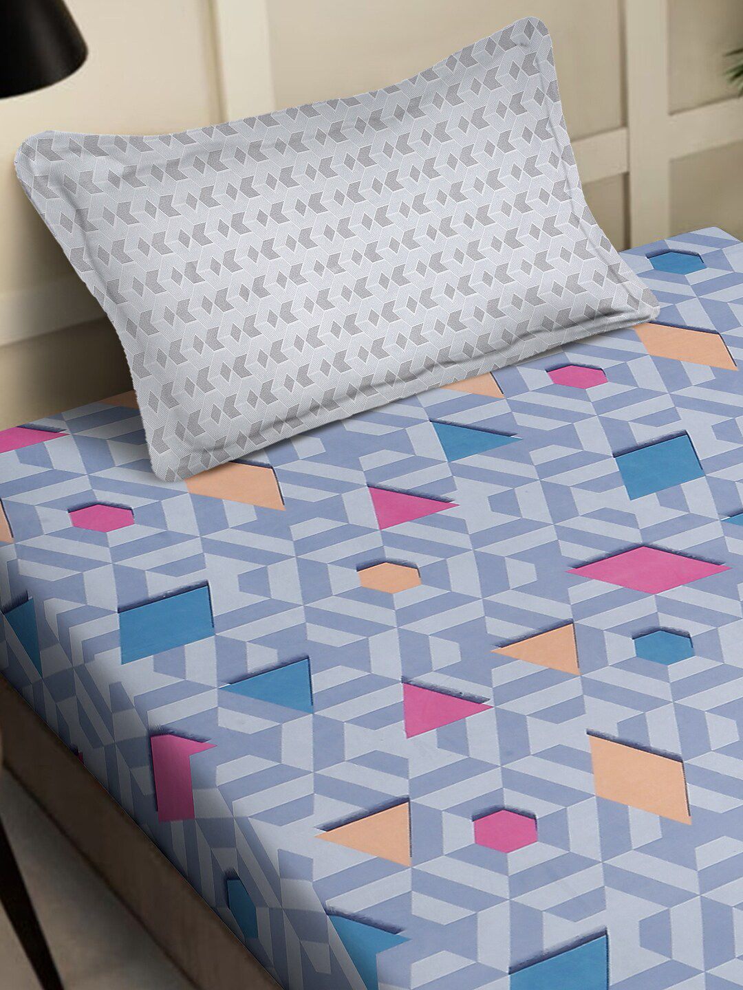 KLOTTHE Biru & Merah Jambu Geometri Bercetak 300 TC Cadar Bujang Dengan Sarung Bantal