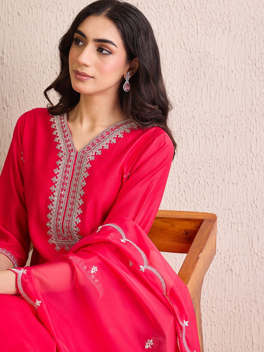 Indo Era Women Floral Yoke Design Regular Liva Kurta with Trousers & With Dupatta