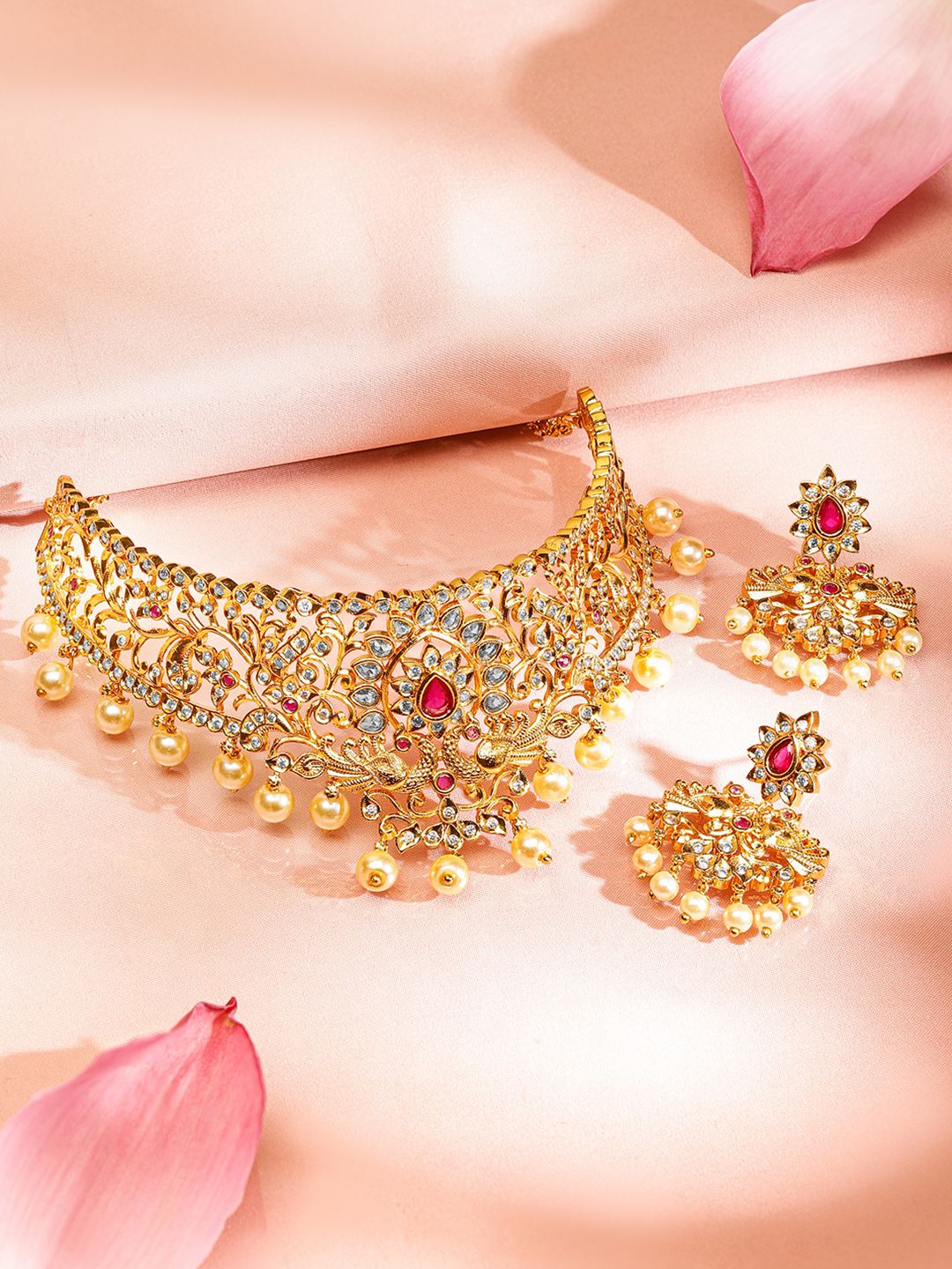 22K Gold Plated Ruby Pink & CZ Studded Pearl Beaded Traditional Choker Jewellery Set