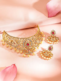 22K Gold Plated Ruby Pink & CZ Studded Pearl Beaded Traditional Choker Jewellery Set