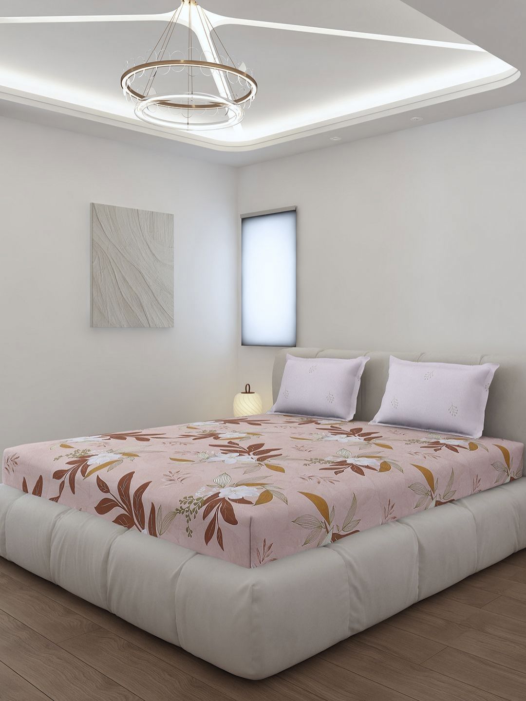 Monte Carlo Edmond Peach-Coloured & Brown Printed 144 TC King Bedsheet Set 2.70 m x 2.70 m