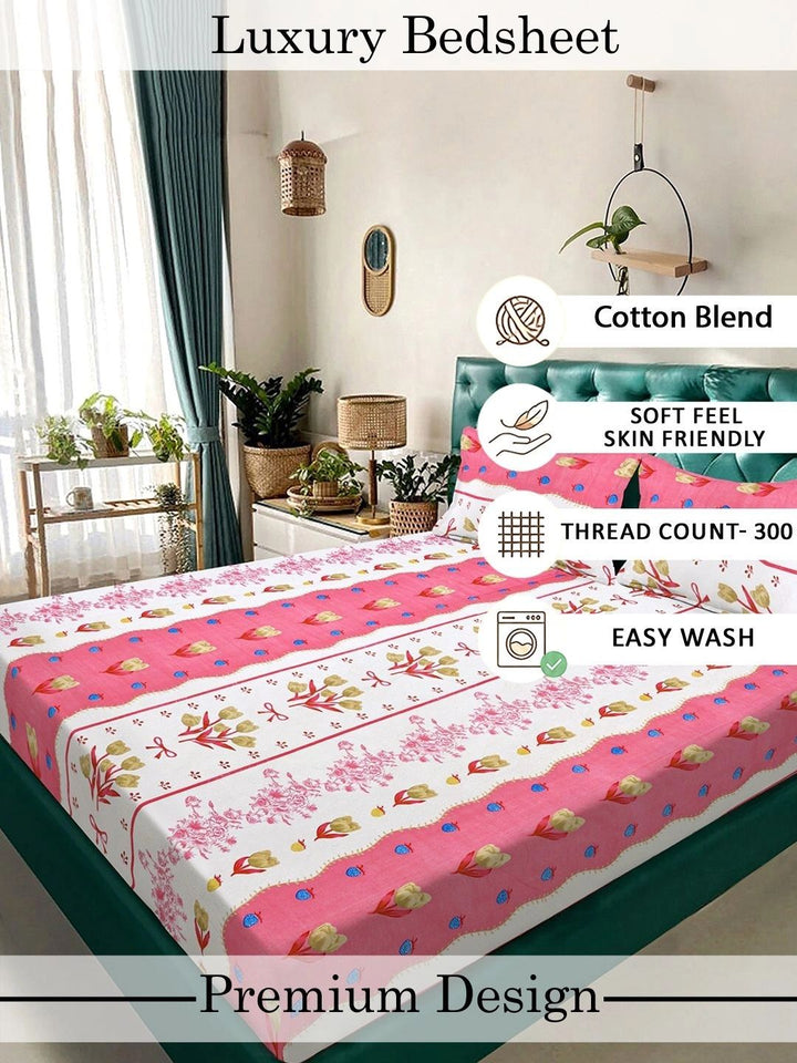 Moda Rapido X KLOTTHE Pink & White Floral 300 TC King Bedsheet with 2 Pillow Covers