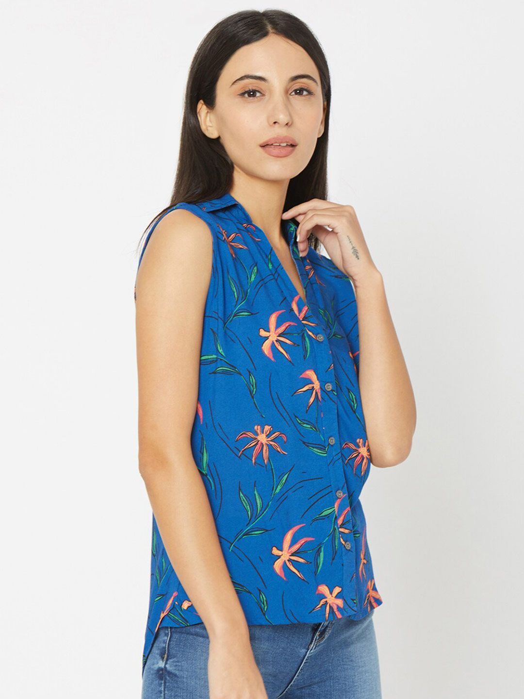 SPYKAR Blue & Orange Tropical Print Tropical Shirt Style Top