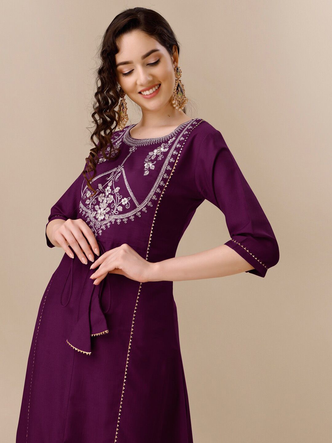 KALINI Floral Yoke Design A-Line Kurta With Palazzos & Dupatta