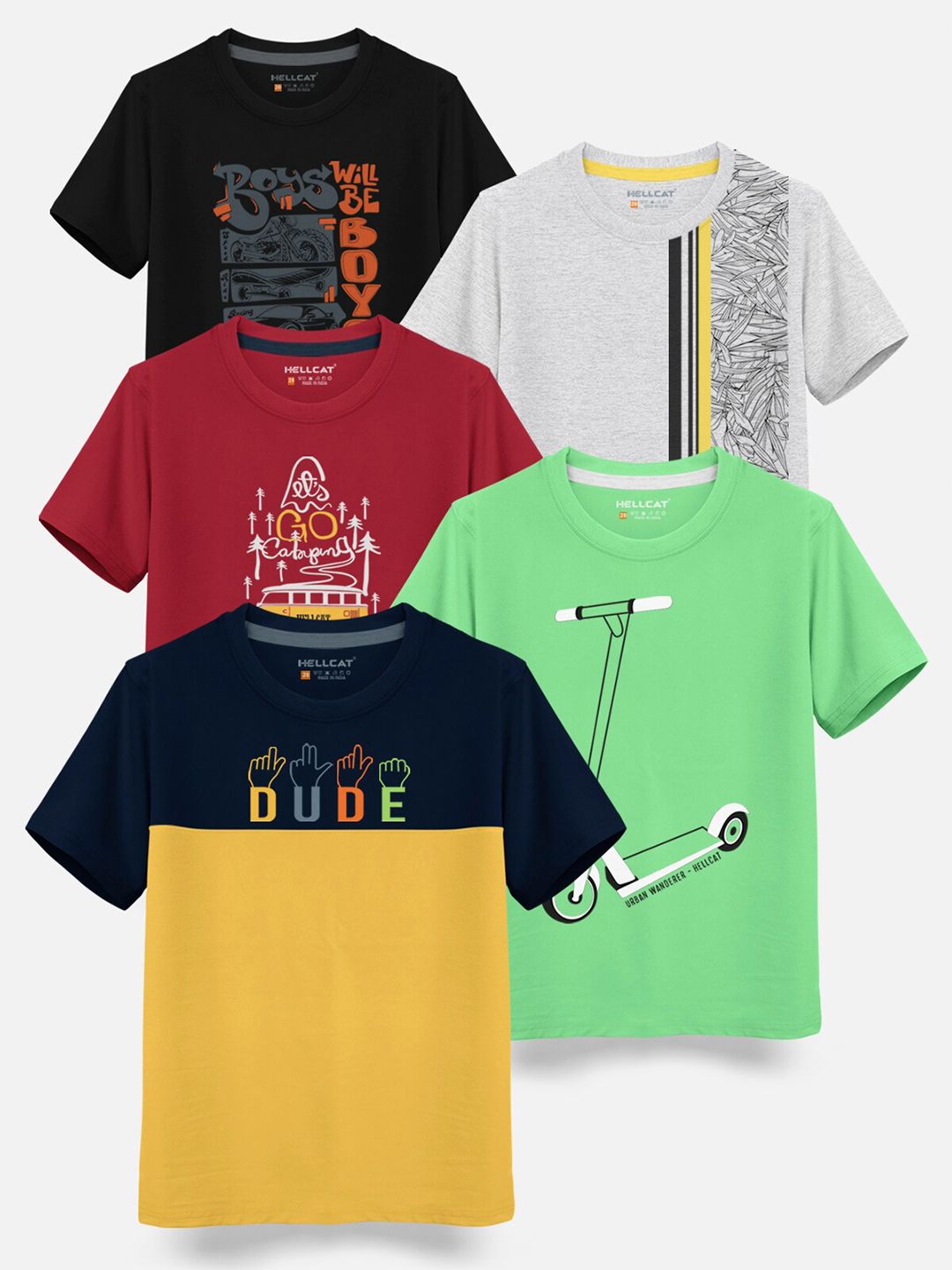 HELLCAT Boys Pack Of 5 Graphic Printed Cotton T-shirt