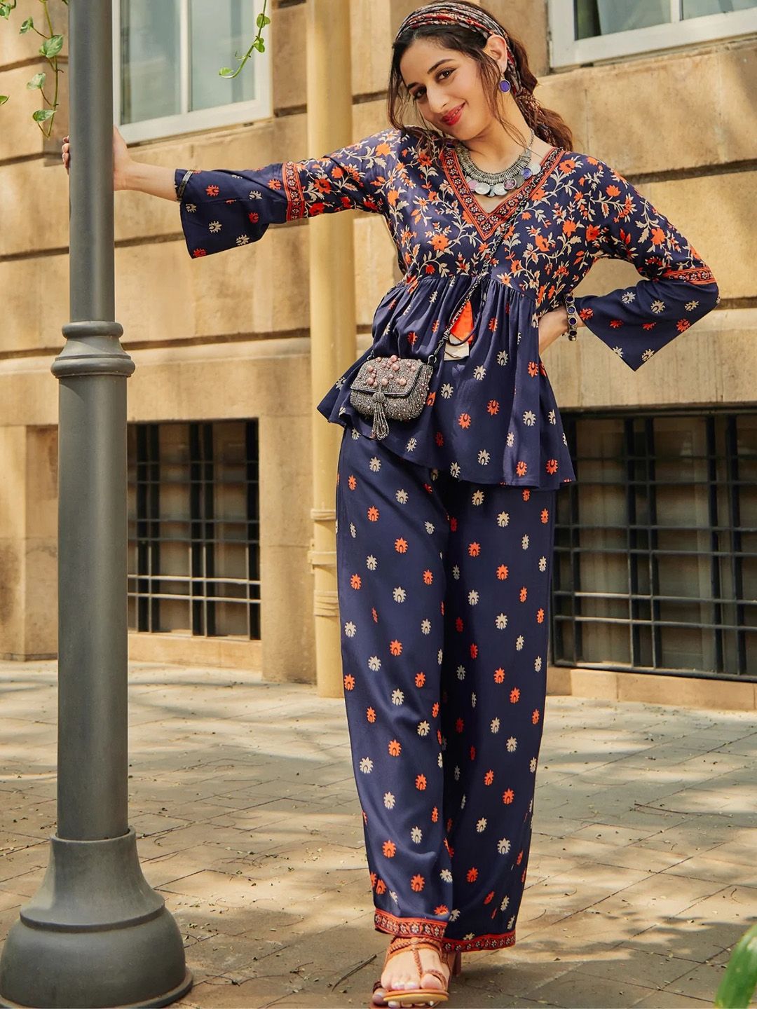 Rustorange Women Floral Printed Empire Kurti with Palazzos