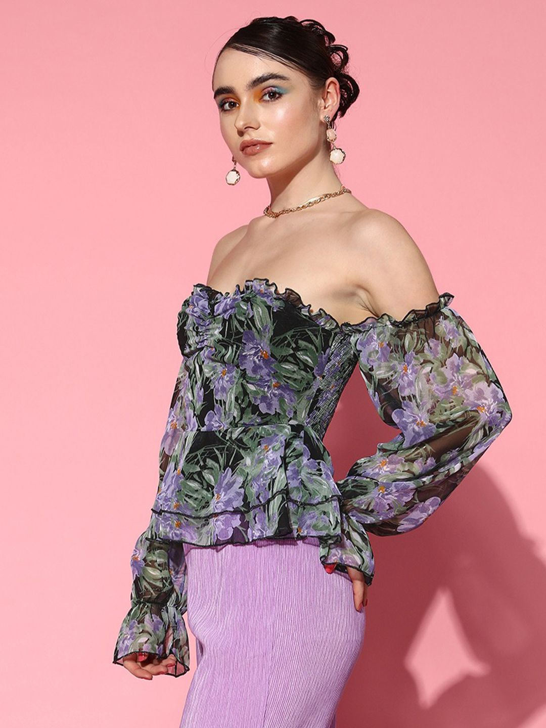 Berrylush Floral Print Off-Shoulder Georgette Peplum Top