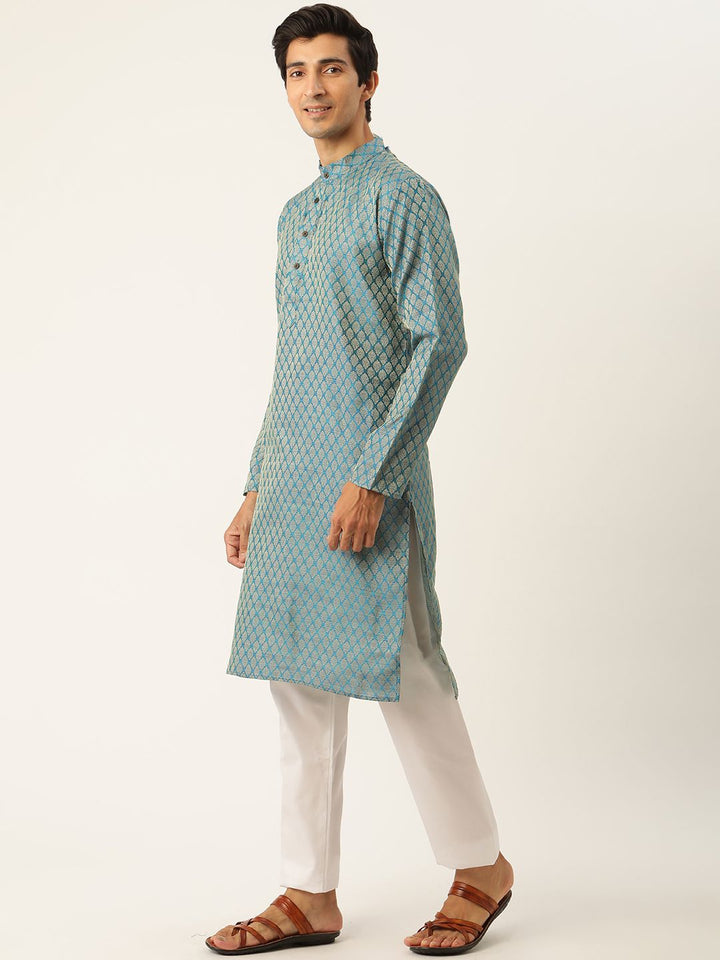 SOJANYA Kurta Design Off-Woven Lelaki Teal Biru & Putih dengan Piyama & Jaket Nehru