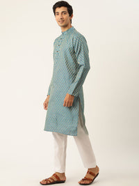 SOJANYA Men Teal Blue & White Off-Woven Design Kurta with Pyjamas & Nehru Jacket