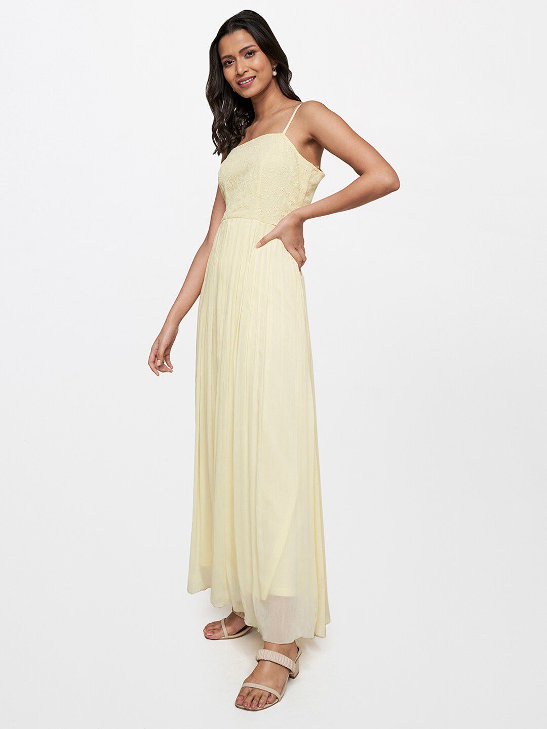 AND Women Lime Yellow Floral Schiffli A-Line Maxi Dress