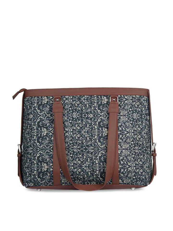 ZOUK Navy Blue & Beige Floral Print Leather Handcrafted 16 Inch Sustainable Laptop Bag