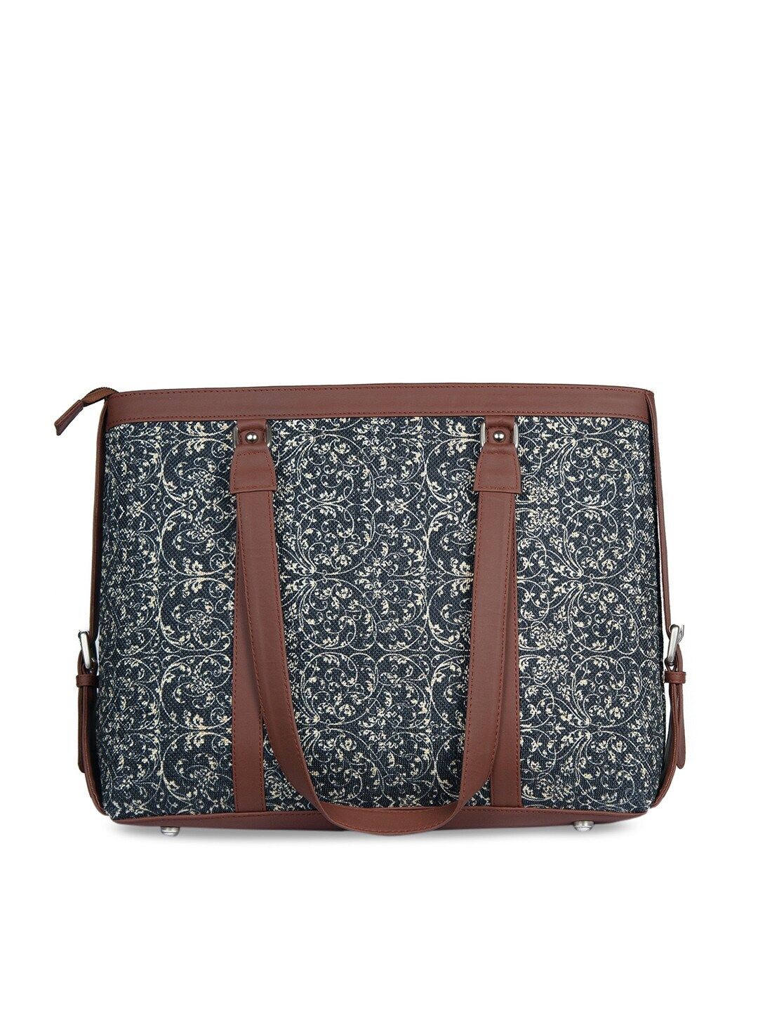 ZOUK Navy Blue & Beige Floral Print Leather Handcrafted 16 Inch Sustainable Laptop Bag