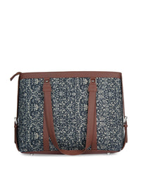 ZOUK Navy Blue & Beige Floral Print Leather Handcrafted 16 Inch Sustainable Laptop Bag