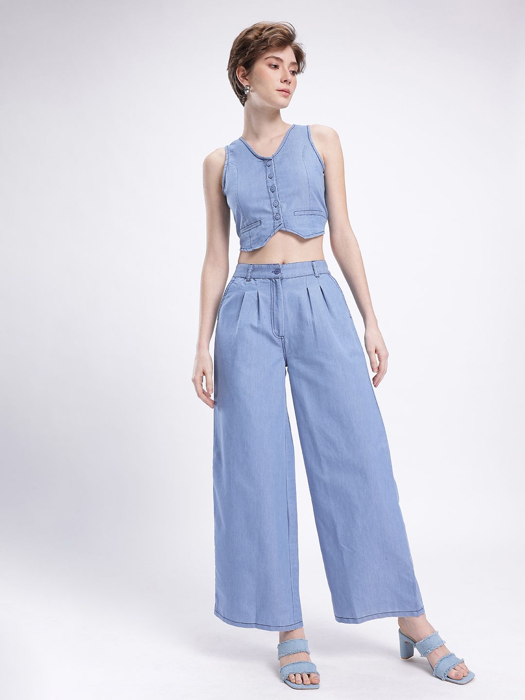 DressBerry Urban Chic Chambray Crop Waistcoat Top With Relaxed Trousers